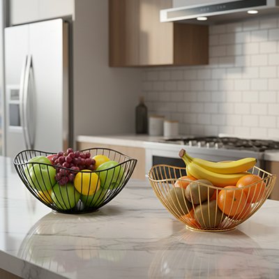 Corbeille a fruit noir et doré sur plan en marbre