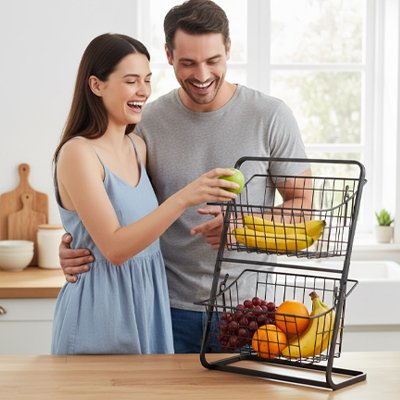 Corbeille a fruits homme femme souriant