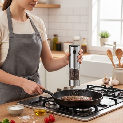 Moulin à poivre électrique dans préparation steak