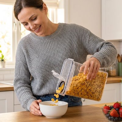 Boite de conservation alimentaire dame verse céréal 