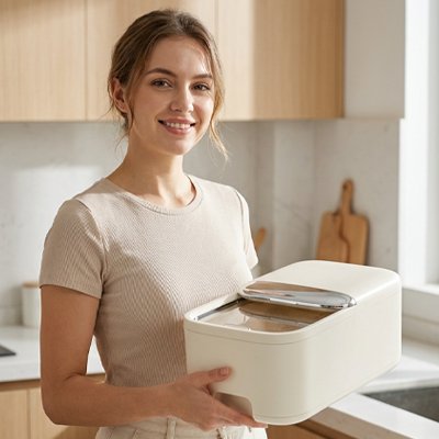 Boite de conservation alimentaire femme tient boite alimentaire 