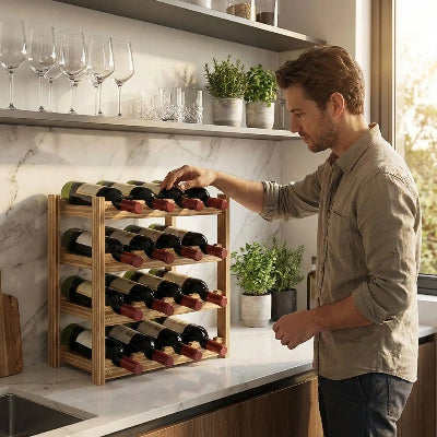 casier bouteille homme arrange seize bouteille vin