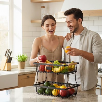 Corbeille a fruit femme choisi pomme couple joyeux