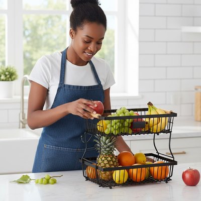 Corbeille a fruit noir deux niveaux fruits frais