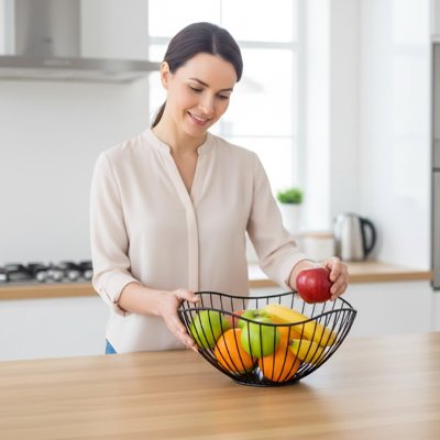 Corbeille à fruits femme arrange pomme 