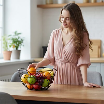 Corbeille-à-fruits-femme-choisit-orange 