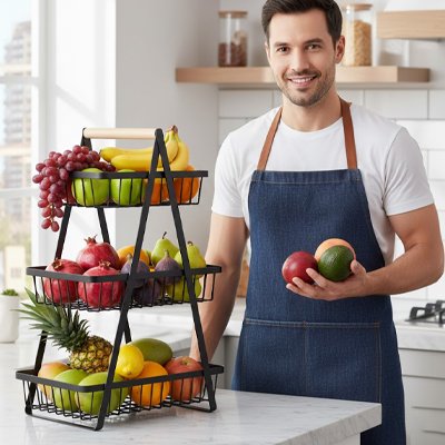 Corbeille à fruits homme prend trois fruits