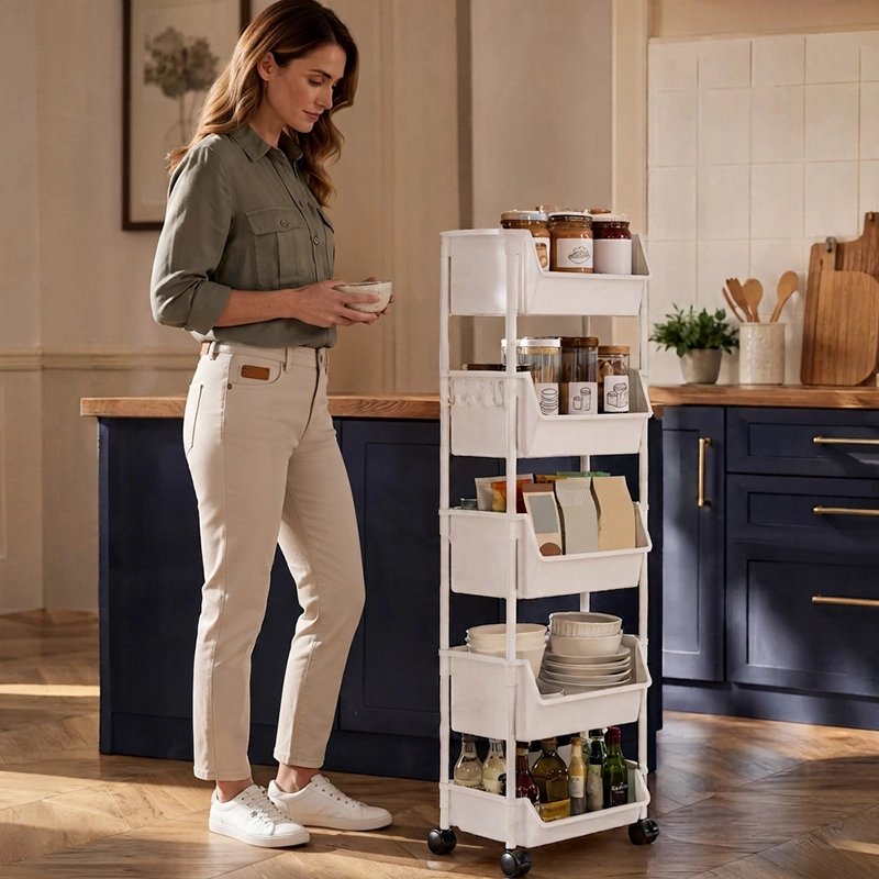 Desserte a roulette cinq niveaux pour rangement multiple