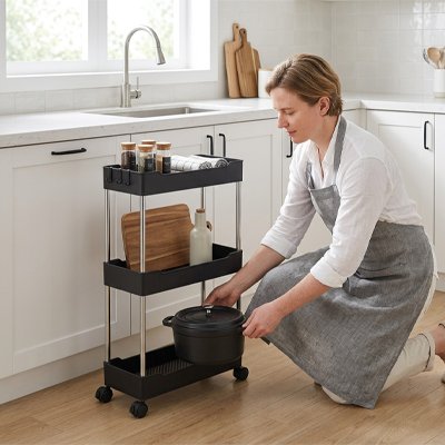 Desserte a roulette trois niveaux noir femme arrange objets 
