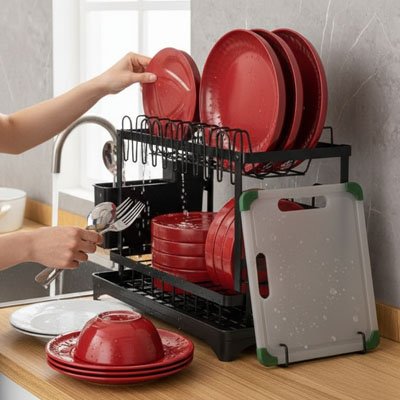 Egouttoir-vaisselle-deux-etage-vaisselle-rouge 