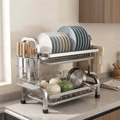 Egouttoir vaisselle double etage avec porte ustensils