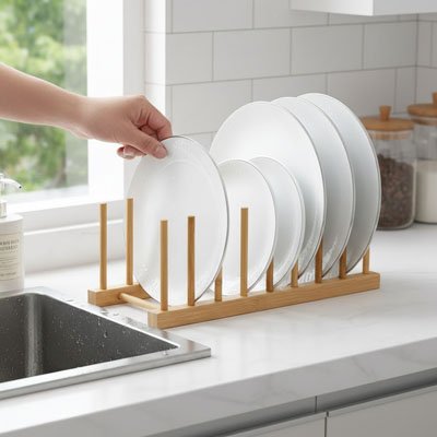 Egouttoir-vaisselle-main-depose-quatrieme-assiette