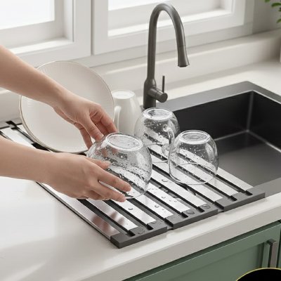 Egouttoir-vaisselle-sur-evier-avec-verre