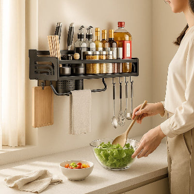 etagere a epice mural femme prepare salade