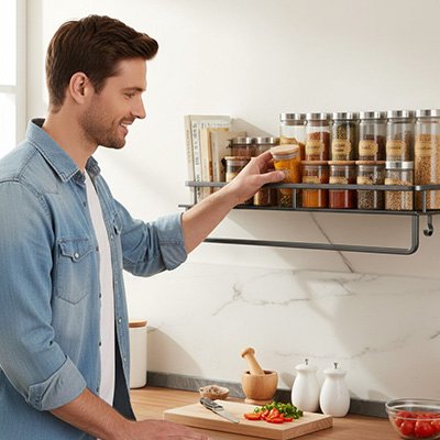 Étagère à épices homme prepare salade