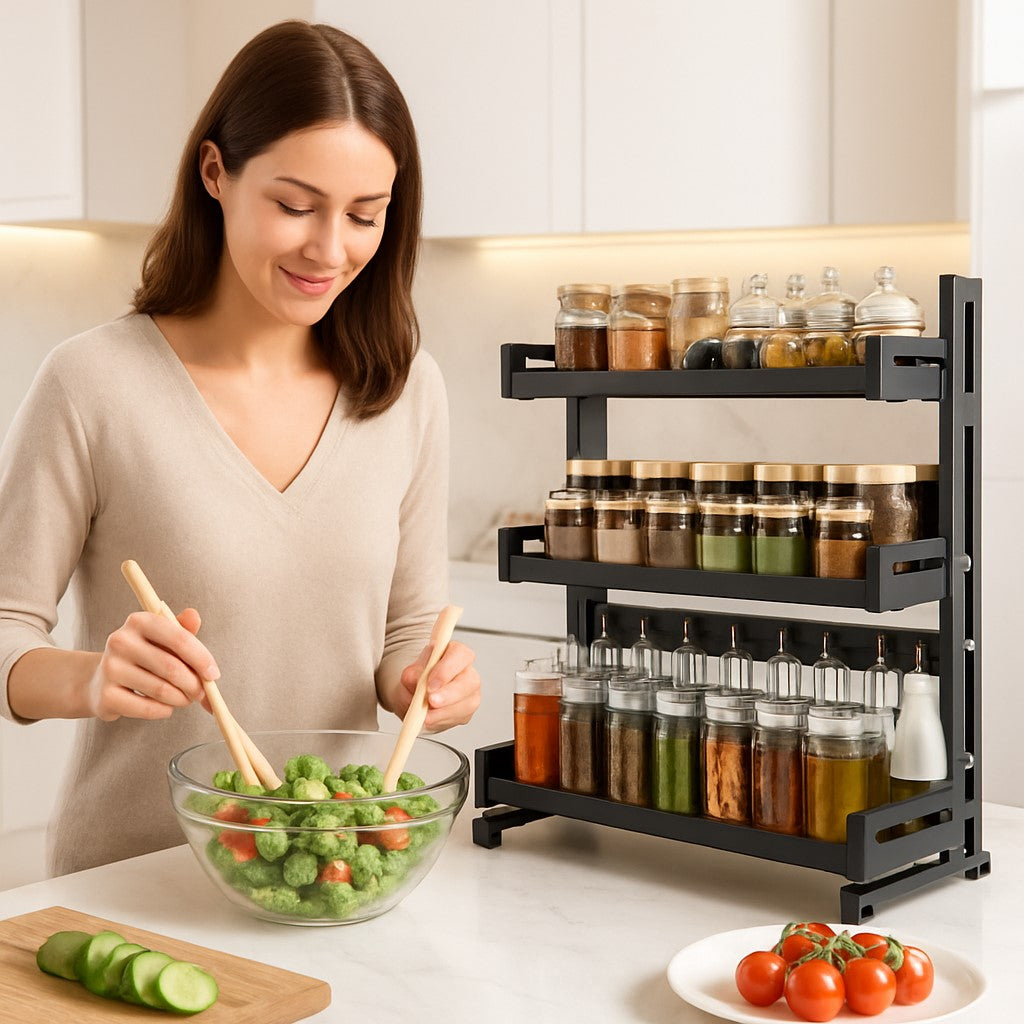 etagere cuisine femme prepare salade