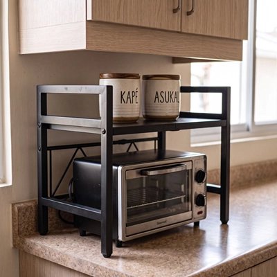 Etagere-micro-onde-metal-noir-plateau-supérieur-de-rangement