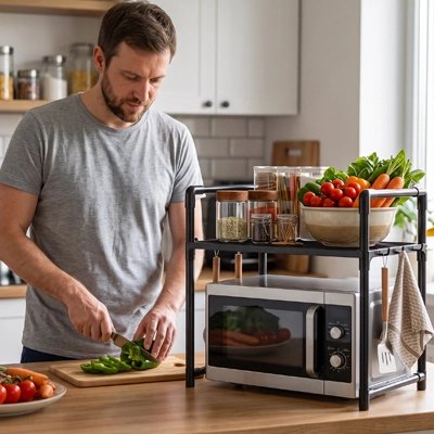 Etagere micro onde plateau legumes homme decoupe legumes