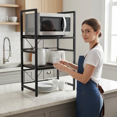 Etagere pour micro onde femme arrange tasse