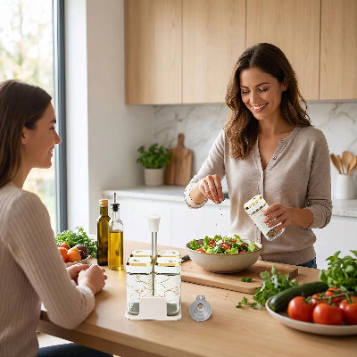 femme prepare salade avec amie pot a epices