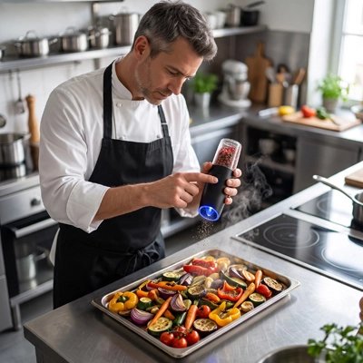Moulin à poivre automatique dans bol de légumes