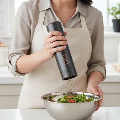Moulin à poivre électrique​ dame ajout poivre sur salade 
