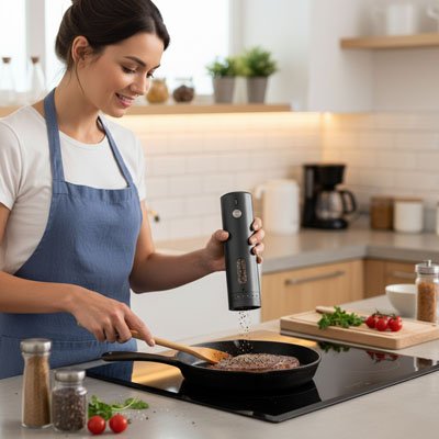 Moulin à poivre électrique​ femme cuisine viande 