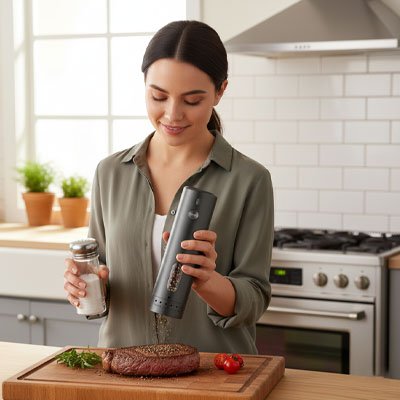 Moulin à poivre électrique​ femme prepare steak en cuisine 