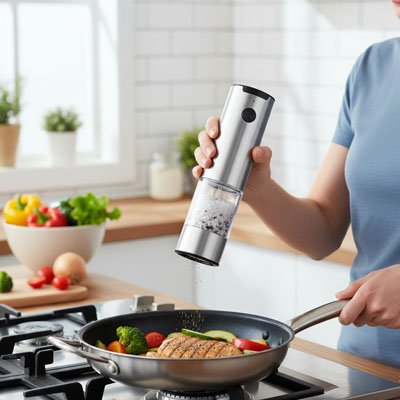 Moulin à poivre électrique​ femme prepare viande et légumes
