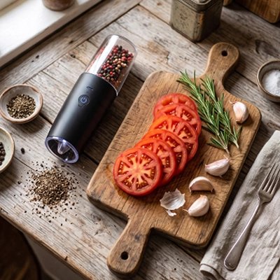 Moulin à poivre tomate sur planche a decouper