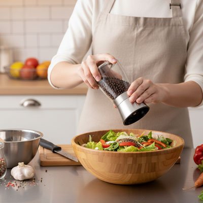 Moulin à sel et poivre bol de salade en bois