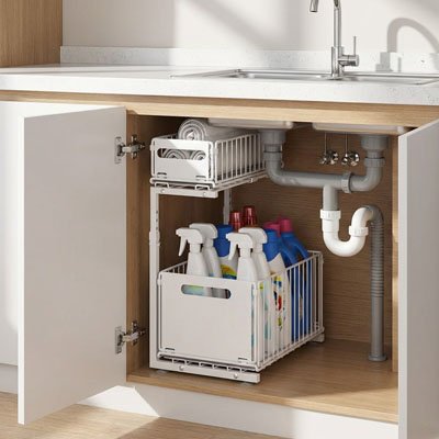 Organisateur-placard-cuisine-double-étage-blanche 