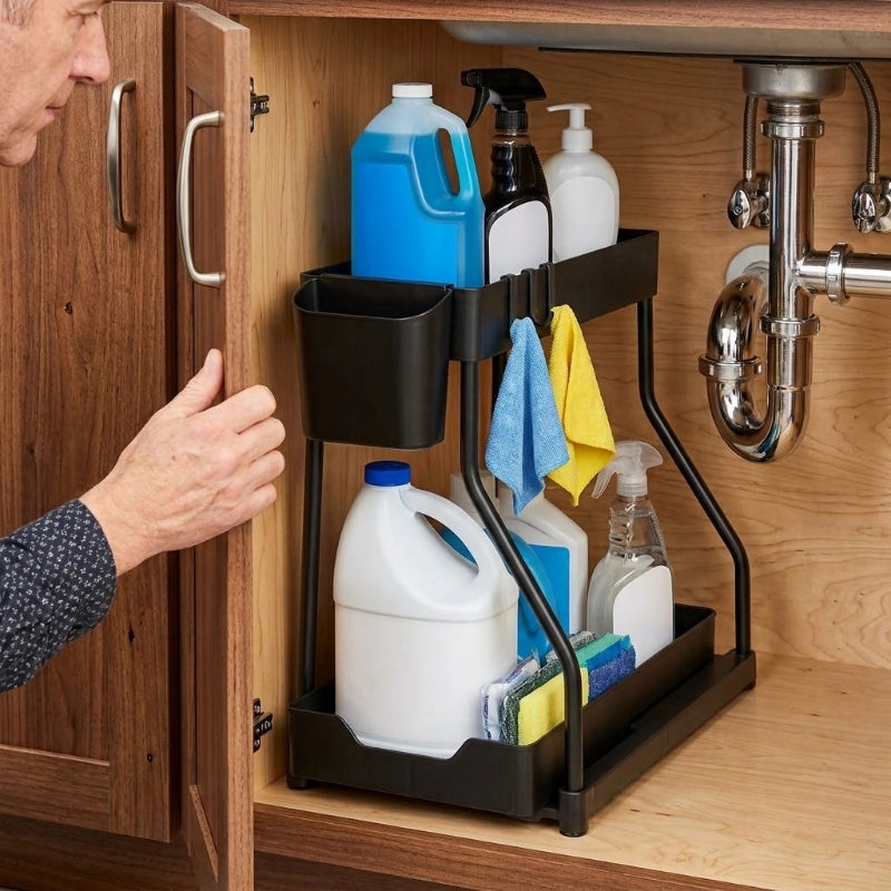 Organisateur sous évier avec gallon liquide