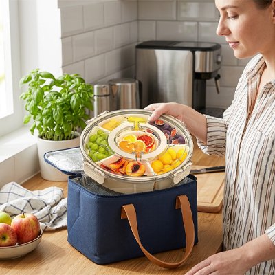 Plateau tournant​ femme met plateau dans sac isotherme 
