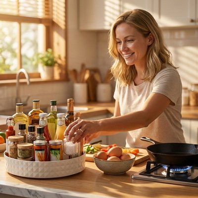 Plateau tournant femme prepare son repas