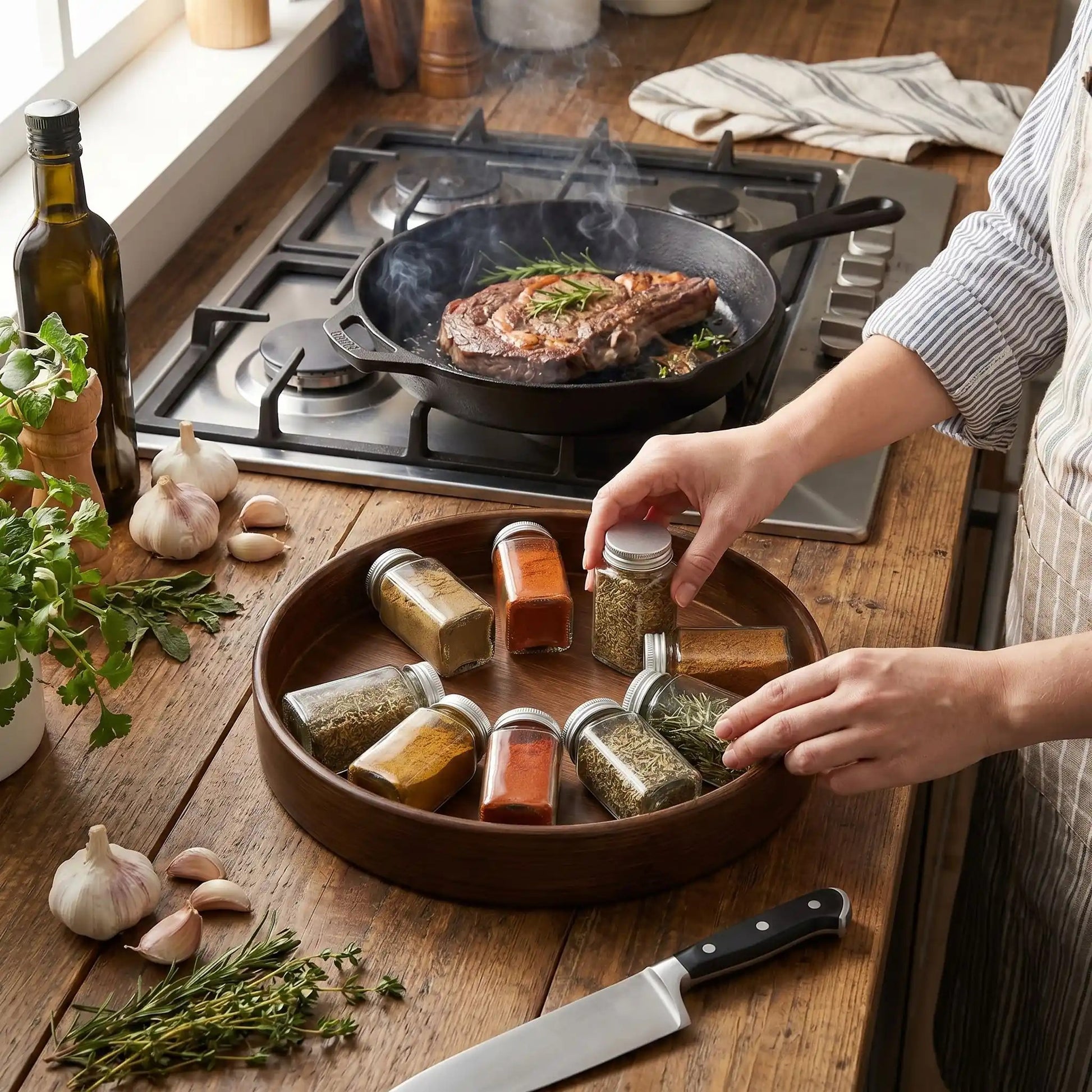 plateau tournant femme prepare steak