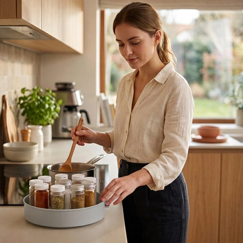 Plateau tournant​ femme touche plateau en remuant soupe