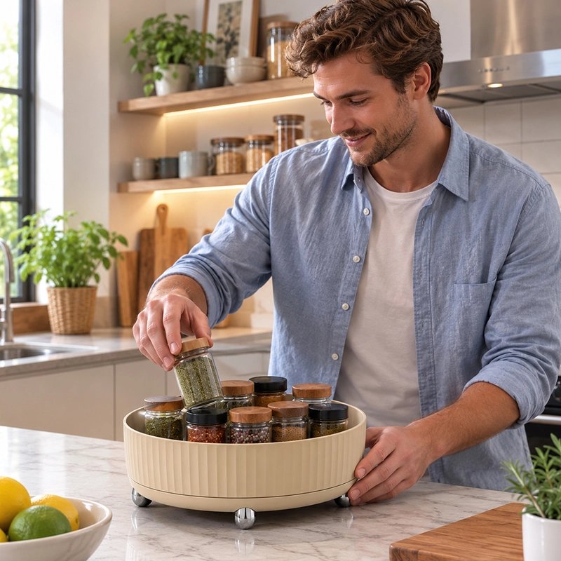 Plateau tournant​ homme fait choix épices sur son comptoir