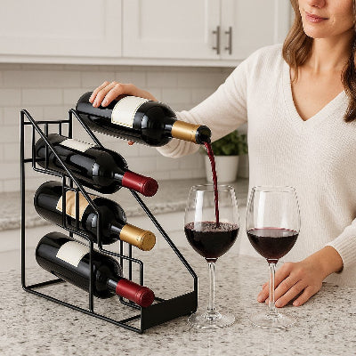 Porte bouteille vin métal femme verse vin