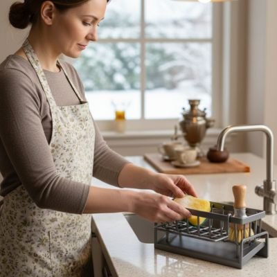 Porte éponge femme prepare en cuisine 