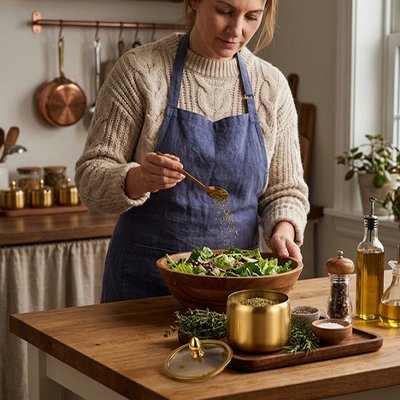 Pot a epice femme prepare salade pot couleur or