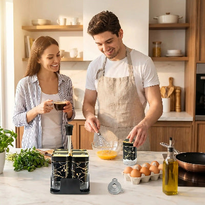pot a epices homme prepare oeufs femme a cote de lui