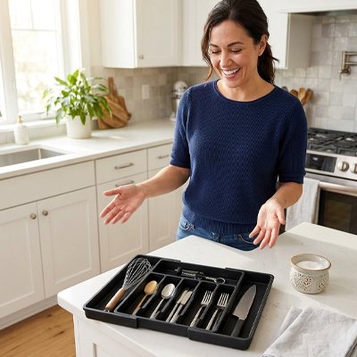 Range couvert multiusage noir sur comptoir