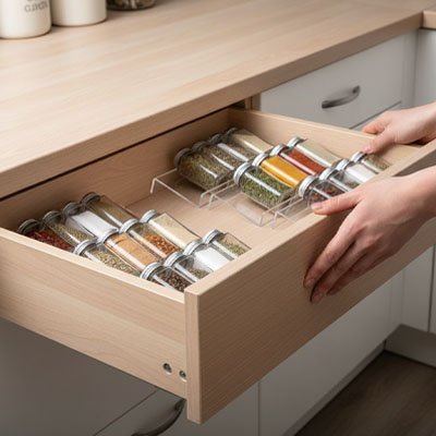 rangement epices tiroir transparent