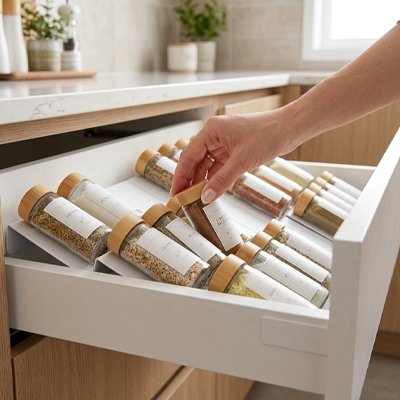 Rangement epices tiroirs presentoir