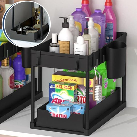 rangement sous evier noir avec crochet